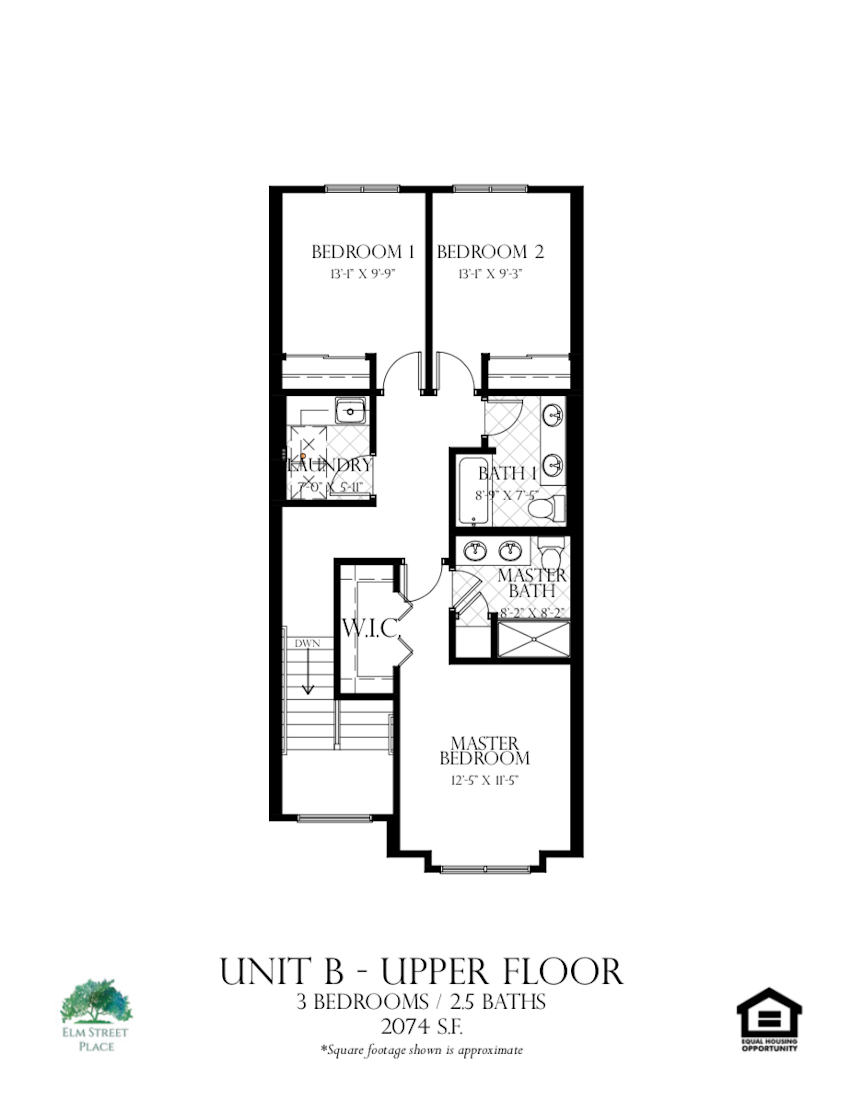 Elm Street Place Luxury Rental Townhomes - Unit B Floor Plan - Upper Level